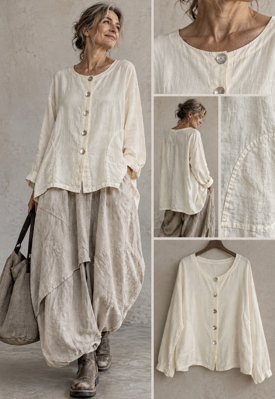 FLAX Linen Jacket Top Large Ivory Mother of Pearl Buttons LagenLook Lithuania